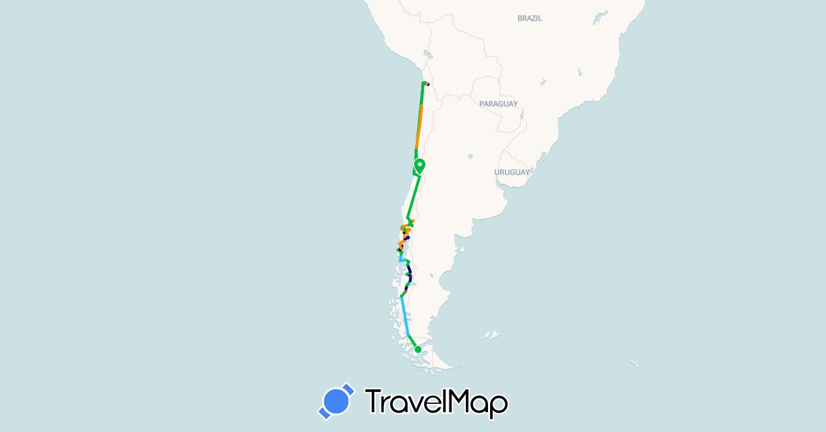 TravelMap itinerary: driving, bus, plane, hiking, boat, hitchhiking in Chile (South America)